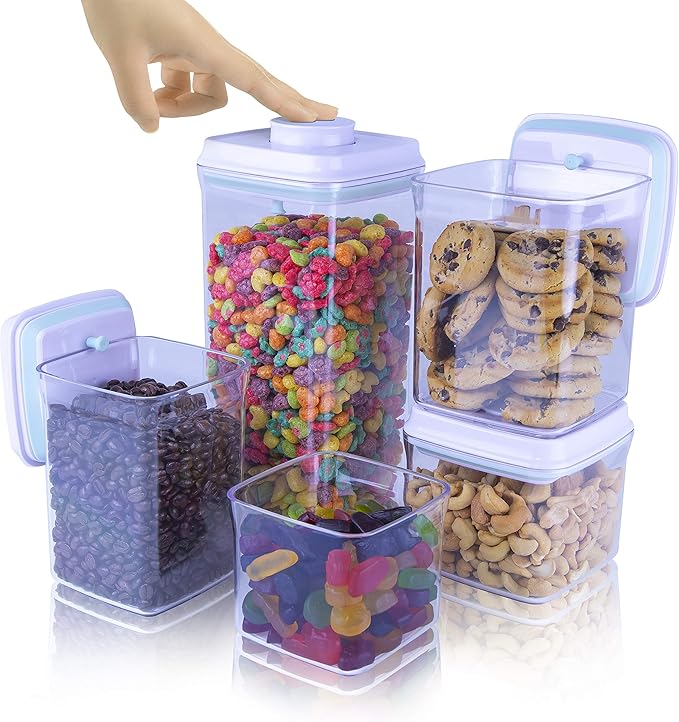BopTop (5pc Set) Airtight Food Storage Container – Mechanical Silicone Seal Canister - BPA-Free Stackable - 2.5Qt/1.5Qt/.9Qt/.85Qt/.5Qt-CasaMuseHome