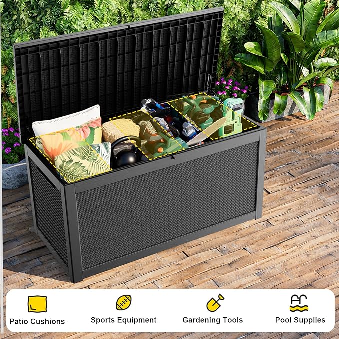 268 Gallon Outdoor Deck Box,Storage Lockable Waterproof Patio Furniture,Garden Tools,Cushions,Pool Accessories Outside Storage Resin Box(Black)-CasaMuseHome