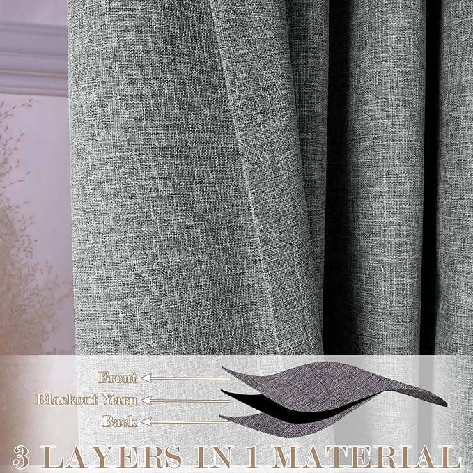 70" W x 108" L Faux Linen Room Divider Curtains, Full Blackout Pinch Pleated Drapes for Traverse Rod, Bedroom Divider Privacy Drapery with Hooks for Ceiling Track, 1 Panel, Mid Grey-CasaMuseHome