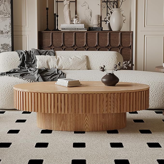 47.2''Oval Coffee Table with Storage, Mid Century Modern Drum Center Tables with Lid Fluted Solid Wood Side Coffee Table Pedestal Tea Table for Living Room, Bedroom, Apartmen-Natural-CasaMuseHome