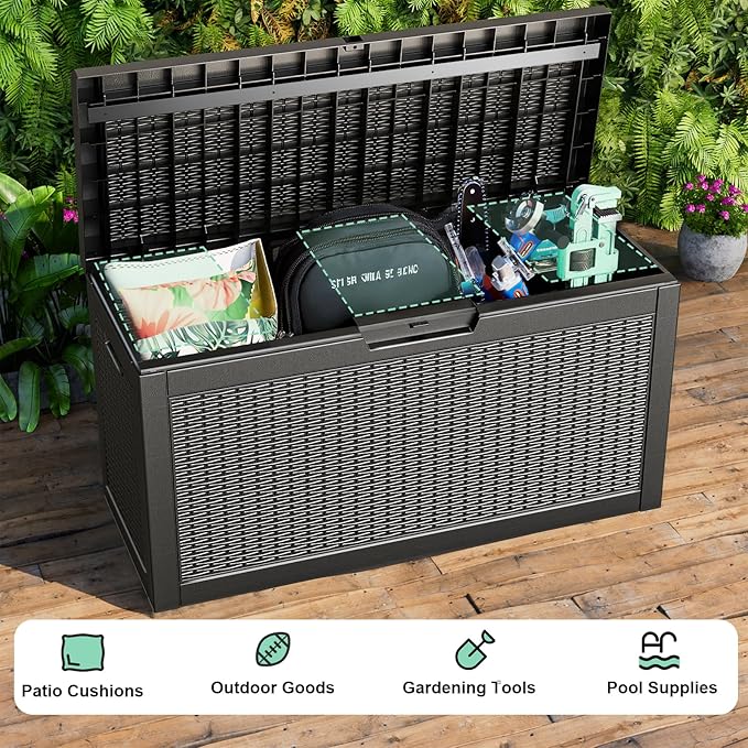 60 Gallon Deck Box Large Outdoor Storage for Patio Furniture,Outdoor Cushions,Garden Tools and Pool Supplies,Waterproof,Resin,Lockable(Black)-CasaMuseHome