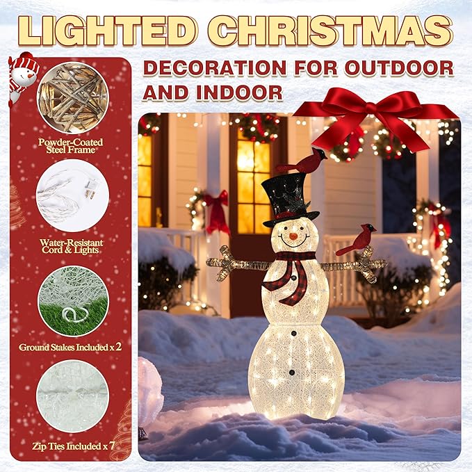 5FT Lighted Snowman with Birds for Christmas Decoration, 3D Pre-Lit Iridescent Snowman Xmas Decor with 90 LED Lights, Glittered Standing Holiday Display for Outdoor, Indoor-CasaMuseHome