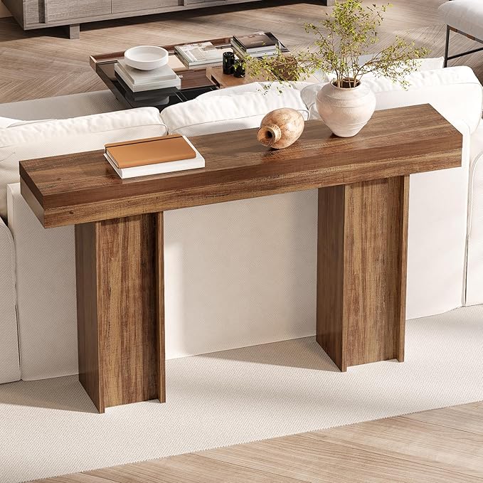 55Inch Farmhouse Console Table,Wooden Rectangular Sofa Table Behind The Couch,Entryway Console Table with Storage for Living Room, Hallway,Entrance (Light Brown)-CasaMuseHome