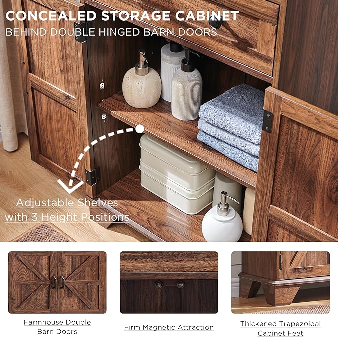 72" Tall Bathroom Storage Cabinet, Farmhouse Storage Cabinet with Adjustable Shelves, Barn Door & 2 Drawers, Cabinet for Bathroom, Living Room & Kitchen, Brown-CasaMuseHome