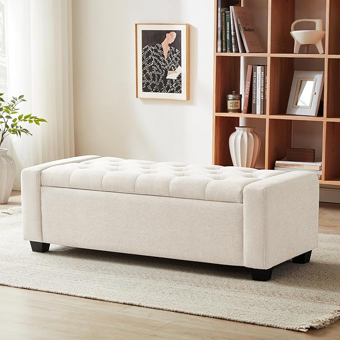 48" Ottoman with Storage, Storage Ottoman Bench with Safety Hinge, Upholstered Entryway Bench with Seating for Bedroom, Living Room, Holds up to 330 lb, Beige-CasaMuseHome