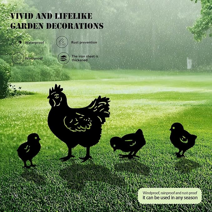 5 Pack Chicken Metal Garden Decorative Stakes, Weather Proof Silhouette Statues for Yard, Patio,Outdoor Decor for Chicken Lovers and Pet Owners-CasaMuseHome