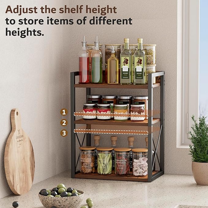 3-Tier Kitchen Spice Rack Organizer for Countertop, Coffee Counter Shelf, Mug Shelf, Bathroom Counter Organizer, Makeup Organizer, Rustic Brown and Black-CasaMuseHome
