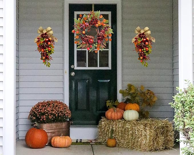 22 Inch Fall Chrysanthemum Wreath Harvest Floral Wreath with Apples Pinecones Berries and Eucalyptus Maple Leaves for Fall Thanksgiving Halloween Mantel Table Outdoor Front Door Wall Window-CasaMuseHome