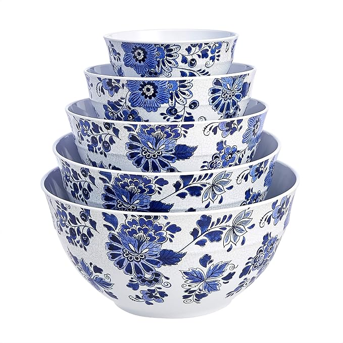 Amazon Basics Nesting Melamine Mixing Round Bowl with Lid and Non-Slip Base, 5 Sizes, Blue and White Floral, Set of 10, 4 quarts, 3 15/16",7 9/16",8 7/8",10",11 1/4"-CasaMuseHome