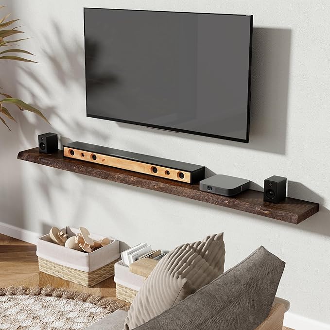 72" Floating Shelves, Live Edge Elm Wood Floating Shelf for Wall, Wall-Mounted Display Shelves with Invisible Heavy-Duty Bracket, Long Floating Shelf for Bathroom, Kitchen, Living Room, Walnut Color-CasaMuseHome