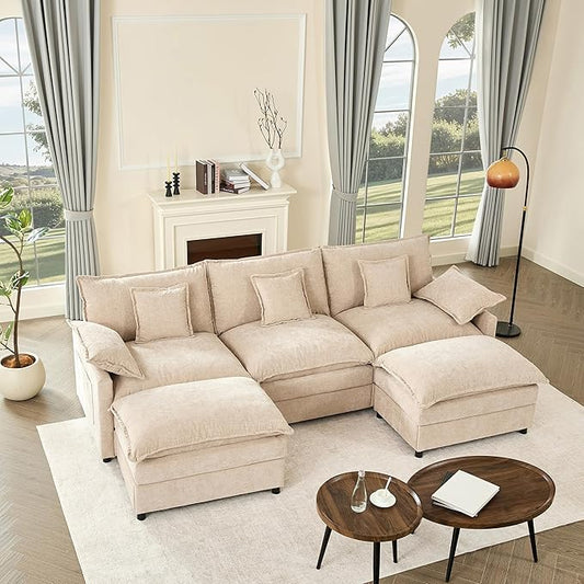 108" U Shaped Couch, Modular Sectional Sofa, 3-Seater Comfy Cloud Couch with Movable Ottoman, Deep Seat Couches for Living Room, Chenille, Flat White-CasaMuseHome
