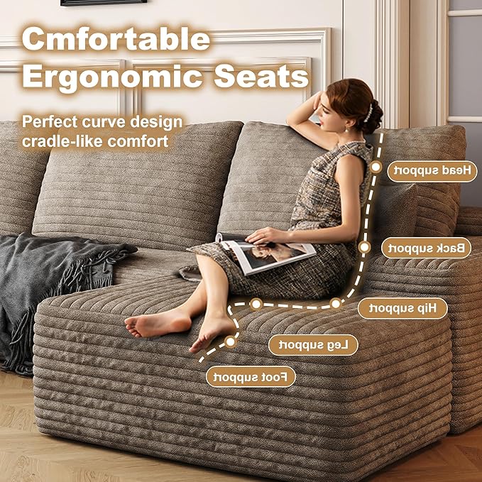 108" Sectional Couches for Living Room Modern Modular Sofa with L-Shape Couchs Upholstered Boneless Couch Deep Seat Sectional Couch with Chaise (Camel, Left Facing Chaise+2Seaters+1Ottoman)-CasaMuseHome