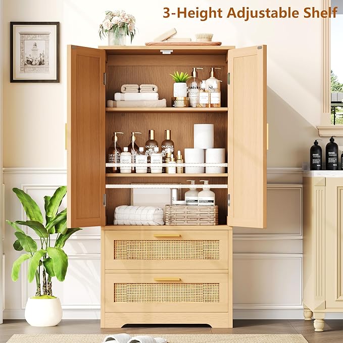 50.4" H Bathroom Storage Cabinet, Modern Floor Cabinet with Adjustable Shelf, Small Pantry with 2 Doors & Drawers, Storage Cabinet for Bathroom, Living Room, Kitchen, Natural KES007MCWG-CasaMuseHome