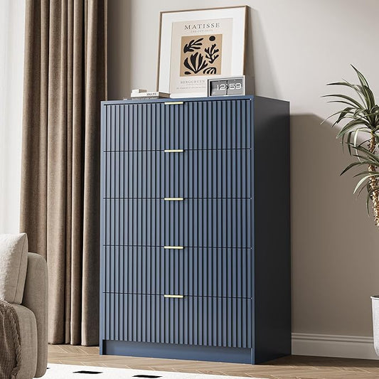 5 Drawer Dresser for Bedroom, Tall Dresser Chest of Drawers with Gold Handles, 32 Inch Wide Nightstand with for Bedroom, Living Rooms, Offices, and Entryways, Navy Blue-CasaMuseHome