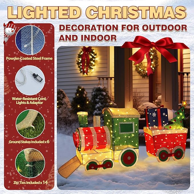 5FT Light-Up Christmas Train Decor with 170 LED Lights, 3D Pre-Lit Train Set with Gift Box and Christmas Tree for Xmas Decoration, Freestanding Glittered Holiday Display for Outdoor, Indoor-CasaMuseHome