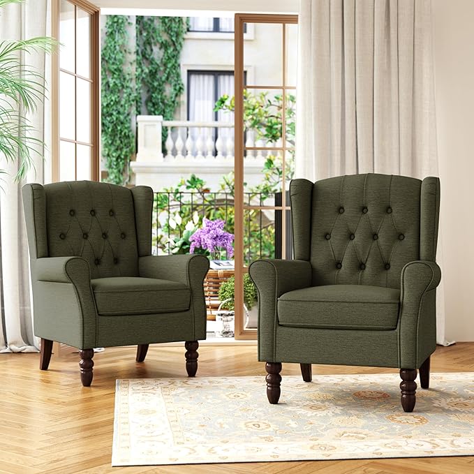 Accent Chair, Upholstered Armchair with Button Tufted High Back & Solid Wood Legs, Comfy Wingback Reading Single Sofa Chair for Small Spaces, Living Room, Bedroom (Green, Set of 2)-CasaMuseHome