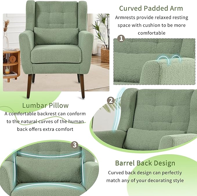 Accent Chair Set of 2, Upholstered Armchair with Pillow, Teddy Single Sofa Chair with Lounge Seat and Wood Legs for Living Room Small Spaces-CasaMuseHome