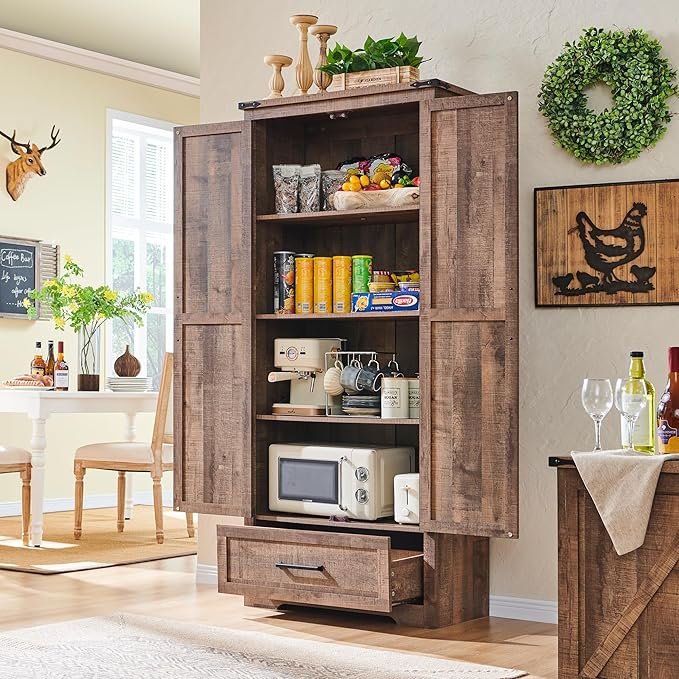 72" Tall Wood Storage Cabinet, Farmhouse Kitchen Pantry Cabinet with Adjustable Shelves & Drawer & Barn Doors, Versatile Storage for Kitchen, Dining Room, Bathroom, Light Brown-CasaMuseHome