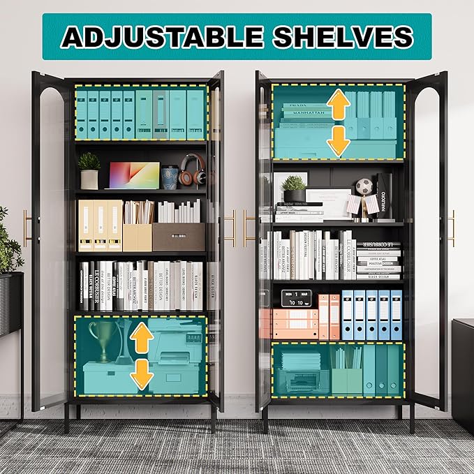 71" Tall Display Cabinet, 5-Tier Bookshelf with Doors & Adjustable Shelf, Modern Storage Cabinets Ideal for Book, Wine, Collectibles, Free Standing Bookcase for Home, Office, Living Room-CasaMuseHome