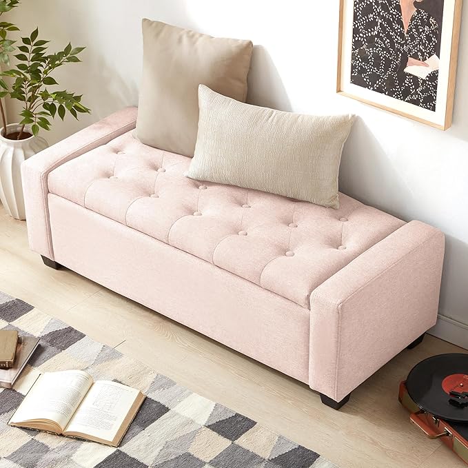 48" Ottoman with Storage, Pink Storage Ottoman Bench with Safety Hinge, Upholstered Entryway Bench with Seating for Bedroom, Living Room, Holds up to 330 lb-CasaMuseHome