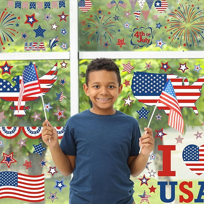 158 Pcs 4th of July Window Clings, 9 Sheets Patriotic Window Clings Decals, Watercolor Double-Sided American Flag Stars Firework Window Stickers for Independence Day Parade Veterans Memorial Day Decor-CasaMuseHome