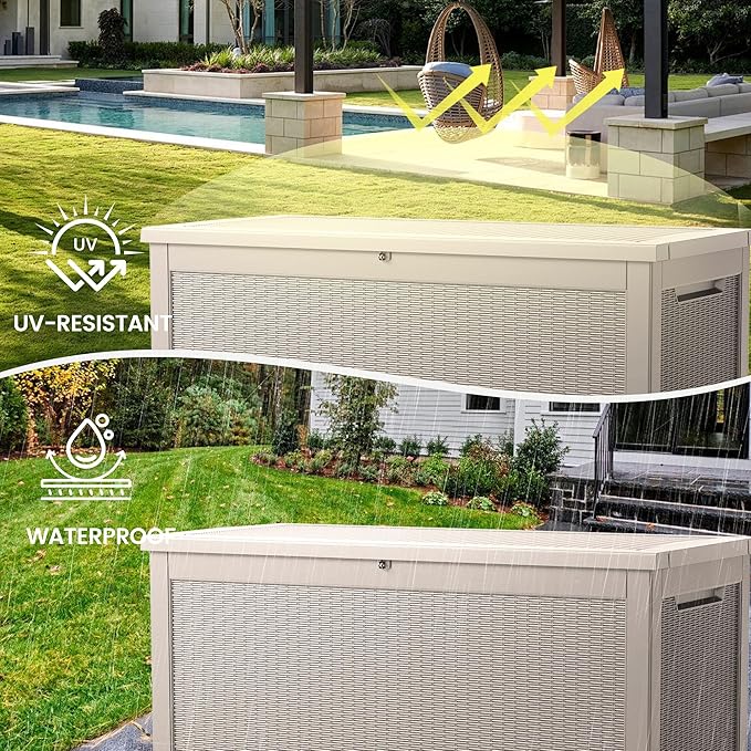 260 Gallon Storage Box, Waterproof Resin Deck Box with Steel Support & Hydraulic Rod, Lockable Storage Bench for Indoor & Outdoor Use, Storage Bin for Patio Cushions, Garden Tools, Grey-CasaMuseHome