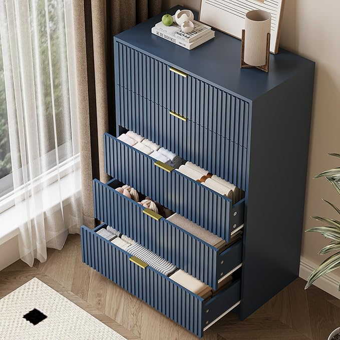 5 Drawer Dresser for Bedroom, Tall Dresser Chest of Drawers with Gold Handles, 32 Inch Wide Nightstand with for Bedroom, Living Rooms, Offices, and Entryways, Navy Blue-CasaMuseHome