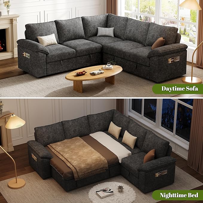 85 Inch Modular Sectional Sofa with Pull Out Bed,L Shaped 5 Seat Sectional Sleeper Sofa with Storage,Sectional Couches for Living Room,Cloud Modular Couch,Removable Sofa Cover,Dark Grey-CasaMuseHome