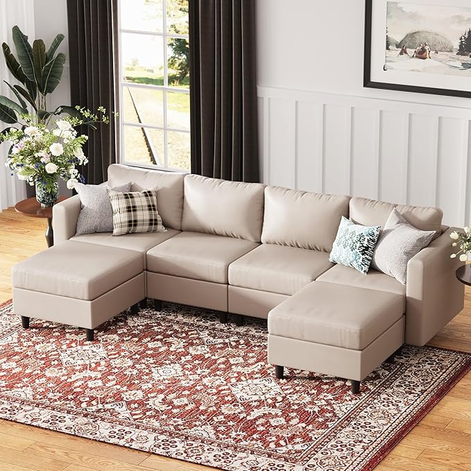 118.5" Oversized Modular Sectional Sofa, Faux Leather 6 Seater U Shaped Couch with Movable Ottoman and Storage Seat with Reversible Chaise Deep Seat for Living Room Whitesand-CasaMuseHome