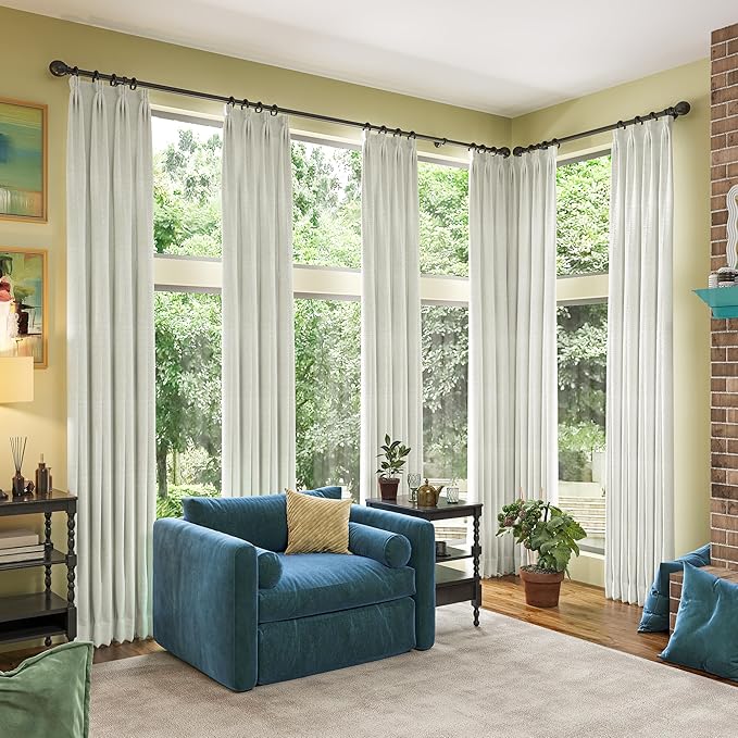 94 Inch Long Blackout Curtains 2 Panels,Pleated Back Tab Rod Pocket with Hooks,Solid Rustic Heat Reflective Linen Textured Dark Out Darkening Curtains for Living Room 50W x 94L Natural Cream-CasaMuseHome