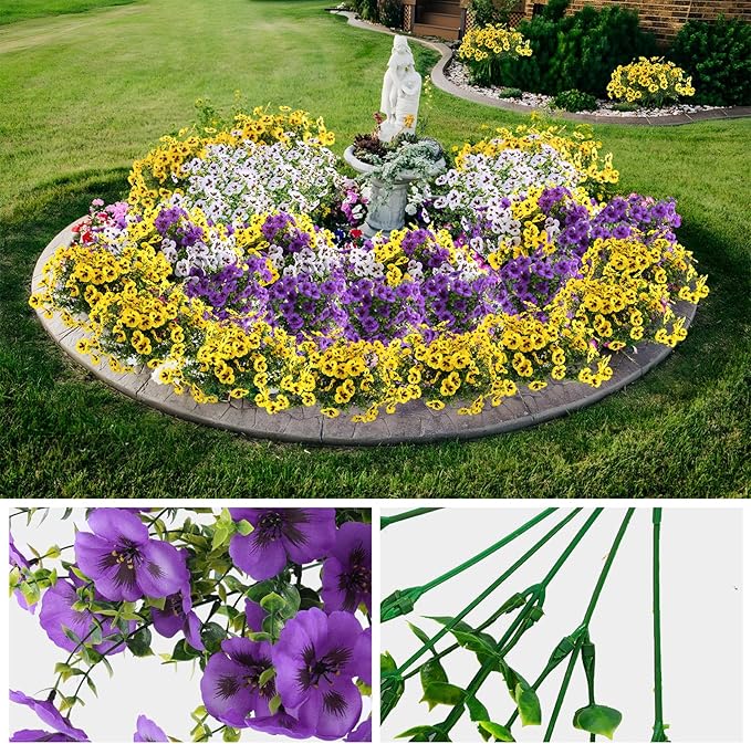 18 Bundles Artificial Fake Pansy Flowers for Outdoor, Faux UV Resistant Silk Pansies Flowers for Outside Planter Front Door Porch Yard Patio Window Box Home Decor (18, Purple, Yellow, White)-CasaMuseHome