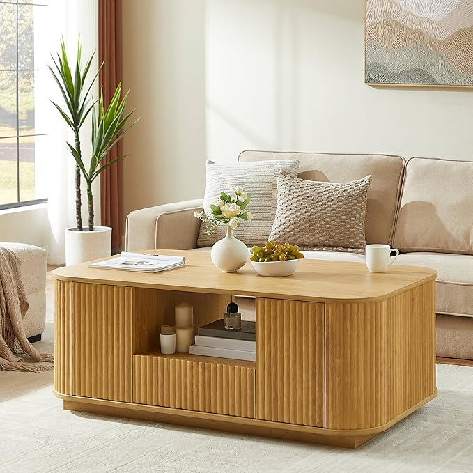 46.5" Oval Coffee Table with Drawers and Storage Mid Century Modern Fluted Solid Wood Side Coffee Tables, Luxury Tea Table Center Table for Living Rooms Offices Apartmen, Natural-CasaMuseHome