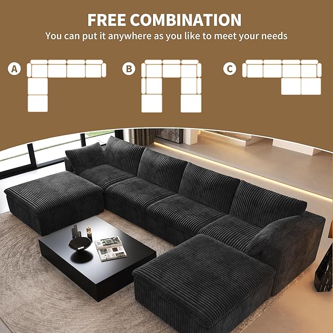 157.5" U Shaped Modern Sofa Modular Sectional Cloud Couch with 2 Ottoman,Deep Seat Upholstered Couches with Corduroy Fabric for Living Room Furniture,Bedroom and Apartment,No Assembly Required,Black-CasaMuseHome