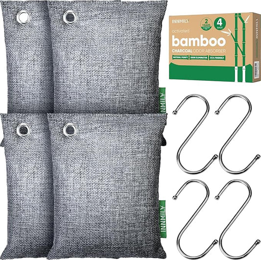 Activated Charcoal Odor Absorber, Odor Eliminator for Strong Odor,Bamboo Charcoal Air Purifying Bags for Home Car Closet Pet, Smoke Room Deodorizer (4 x 200g, Unscented)-CasaMuseHome