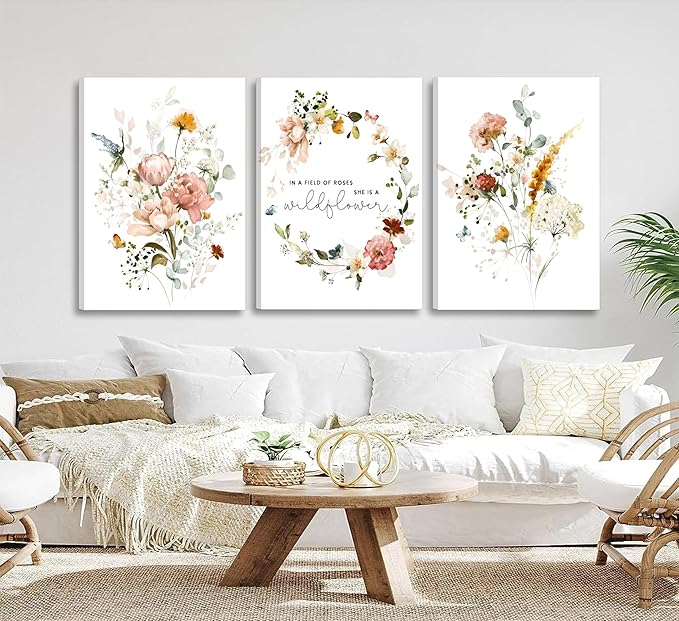 3Pcs Framed Watercolor Flowers Canvas Wall Art In A Field Of Roses She Is A Wildflower Painting Picture Wall Decor Pink wreath Poster Print Artwork for Nursery living room Girls Room Home Decoration-CasaMuseHome