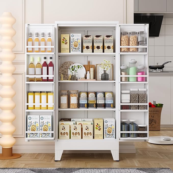 51" Kitchen Pantry Cabinet, Metal Storage Cabinet with 3 Adjustable Layer Shelves, 8 Door Shelves, Buffet Sideboard for Living Room, Kitchen, White-CasaMuseHome