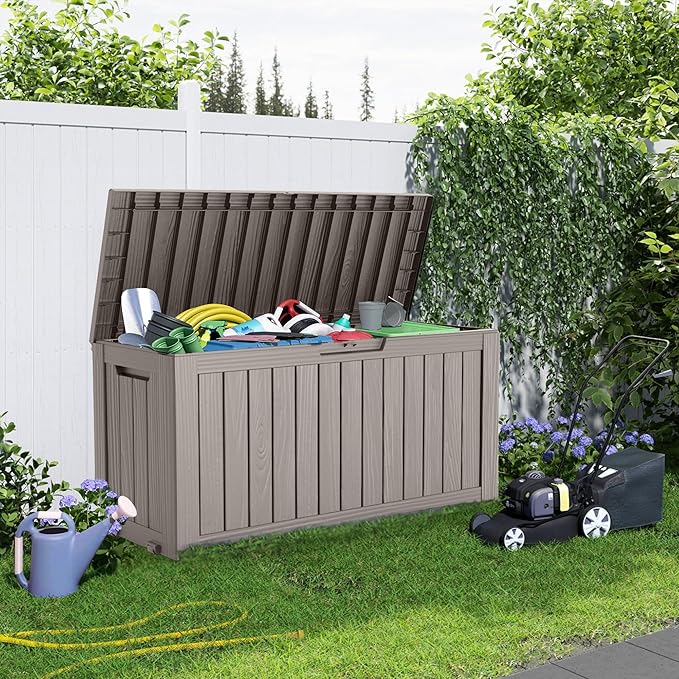 75 Gallon Resin Deck Box, Lockable Patio Outdoor Storage Box for Furniture, Garden Tools and Tools Storage, Waterproof Outside Storage Boxes - Grey-CasaMuseHome