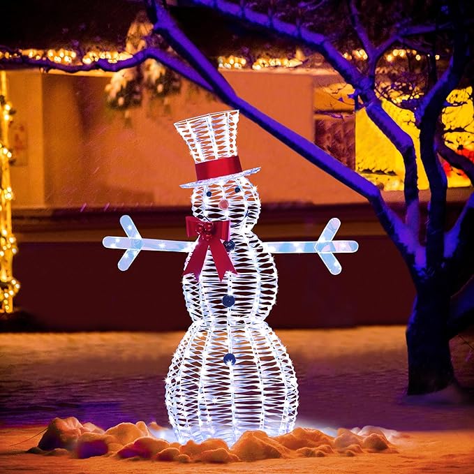 4.5FT Lighted Snowman for Christmas Decoration, 3D Pre-Lit Iridescent Snowman Xmas Decor with 100 LED Lights, Glittered Standing Holiday Display for Outdoor, Indoor-CasaMuseHome