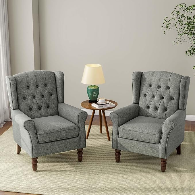 Accent Chair, Upholstered Armchair with Button Tufted High Back & Solid Wood Legs, Comfy Wingback Reading Single Sofa Chair for Small Spaces, Living Room, Bedroom (Grey, Set of 2)-CasaMuseHome