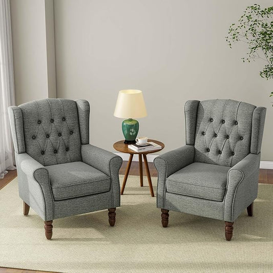 Accent Chair, Upholstered Armchair with Button Tufted High Back & Solid Wood Legs, Comfy Wingback Reading Single Sofa Chair for Small Spaces, Living Room, Bedroom (Grey, Set of 2)-CasaMuseHome