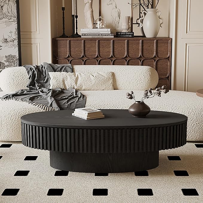 47.2''Oval Coffee Table with Storage, Mid Century Modern Fluted Drum Center Tables with Lid, Solid Wood Side Pedestal Coffee Table Tea Table for Living Room, Bedroom, Apartment-Black-CasaMuseHome