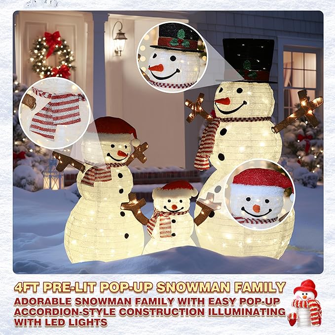 4FT Pop-Up Snowman Family, Pre-Lit Holiday Decoration Sign with 270 LED Lights, Customized Placement Holiday Display for Indoor, Outdoor-CasaMuseHome