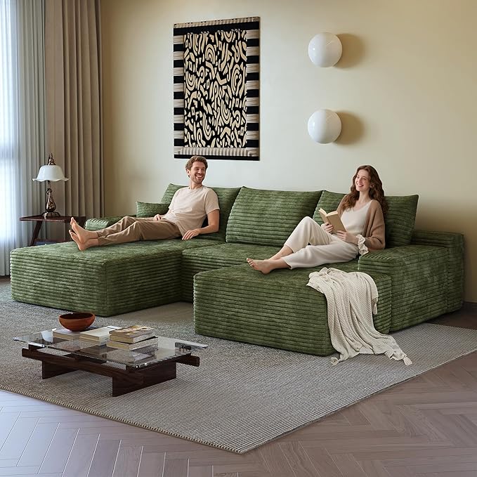108" Sectional Couches for Living Room Modern Modular Sofa with L-Shape Couchs Upholstered Boneless Couch Deep Seat Sectional Couch with Chaise (Green, Left Facing Chaise+2Seaters+1Ottoman)-CasaMuseHome