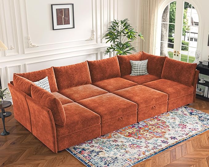 136.4" Oversized Modular Sectional Sleeper Sofa Bed, U Shaped Convertible Couch with Movable Ottoman, Large 8 Seat Corner Couches for Living Room Deep Seat Terracotta Orange Chenille-CasaMuseHome