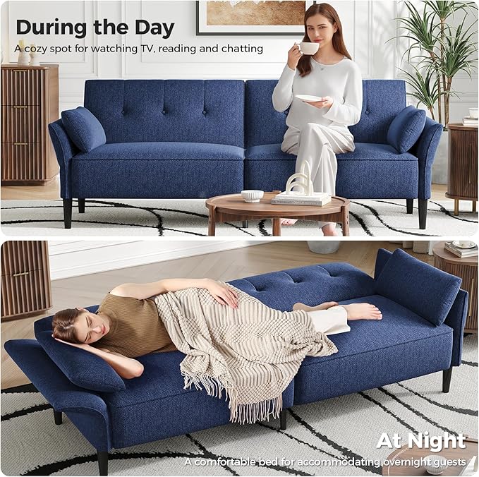 89” Futon Sofa Bed, Linen Comfy Futon Couch Bed with 2 Square Pillows, Convertible Sleeper Sofa with Adjustable Backrest& Armrests, Modern Loveseat Sleeper for Living Room, Bedroom, Blue-CasaMuseHome