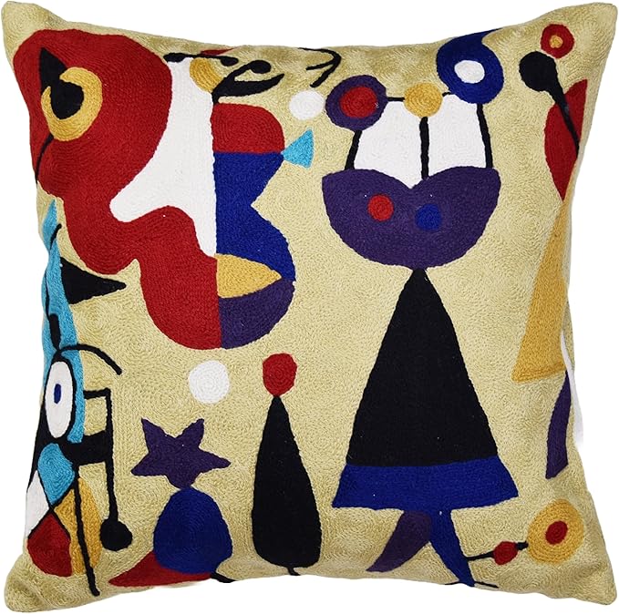 Abstract Decorative Pillow Cover Hand Embroidered Whimsical Toss Pillows Farmhouse Chair Cushion Contemporary Pillowsham Mid-Century Chair Cushions Wool Size 18x18-CasaMuseHome