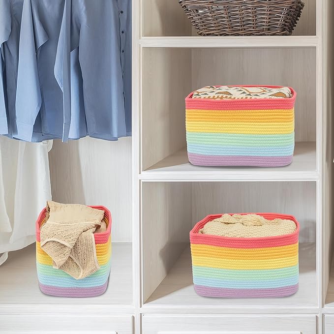 3-Pack Rainbow Storage Baskets 14.5X9.5X9.3“ – Woven Toy Organizer Bins for Kids, Baby Room, Nursery, and Classroom – Cute Square Rope Baskets for Shelves and Organization Rainbow-CasaMuseHome