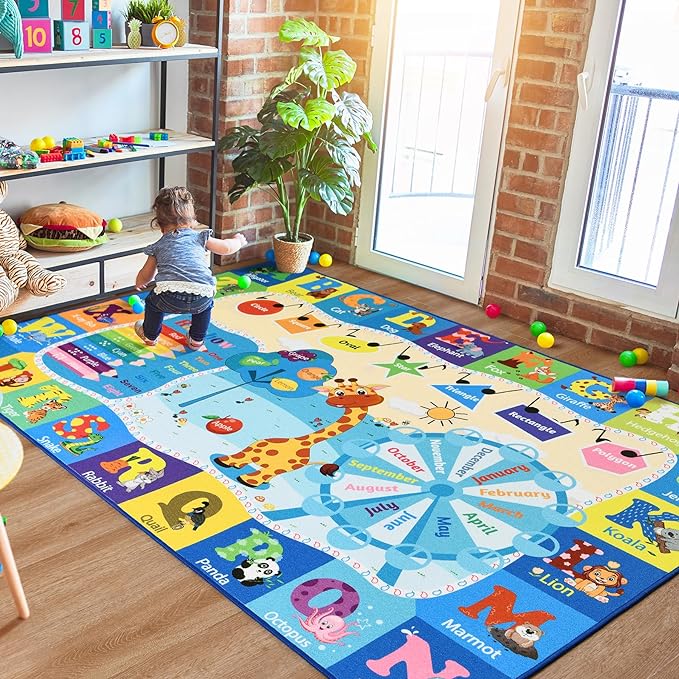4x6 Playroom Rugs for Kids Washable, Educational and Fun Playmat with ABC Alphabet Animals Shapes Colors, Non-Slip Play Mat Learning Rugs for Baby Toddler Children Game Activity, Blue-CasaMuseHome