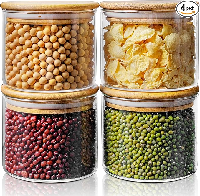 17oz - 4 Pack Glass Jars with Bamboo Lids, Glass Food Storage Containers with Airtight Lids, Air Tight Pantry Storage Containers for Coffee, Sugar, Spice, Meal Prep Jars for Salad & Fruit-CasaMuseHome