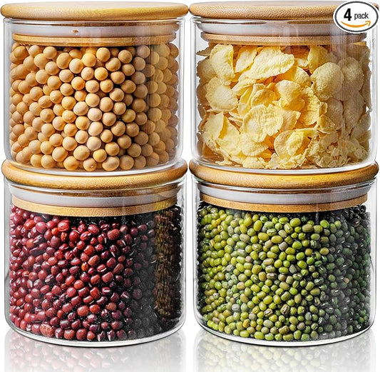 17oz - 4 Pack Glass Jars with Bamboo Lids, Glass Food Storage Containers with Airtight Lids, Air Tight Pantry Storage Containers for Coffee, Sugar, Spice, Meal Prep Jars for Salad & Fruit-CasaMuseHome